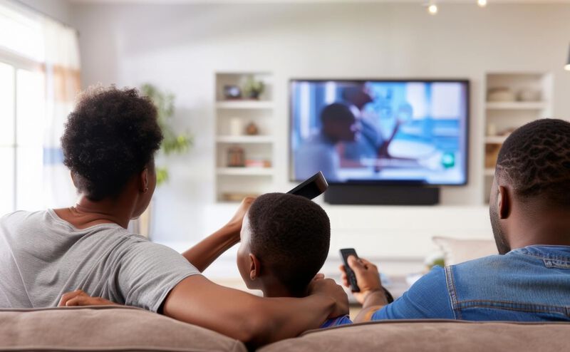 Two adults and a child sitting on a couch watching TV